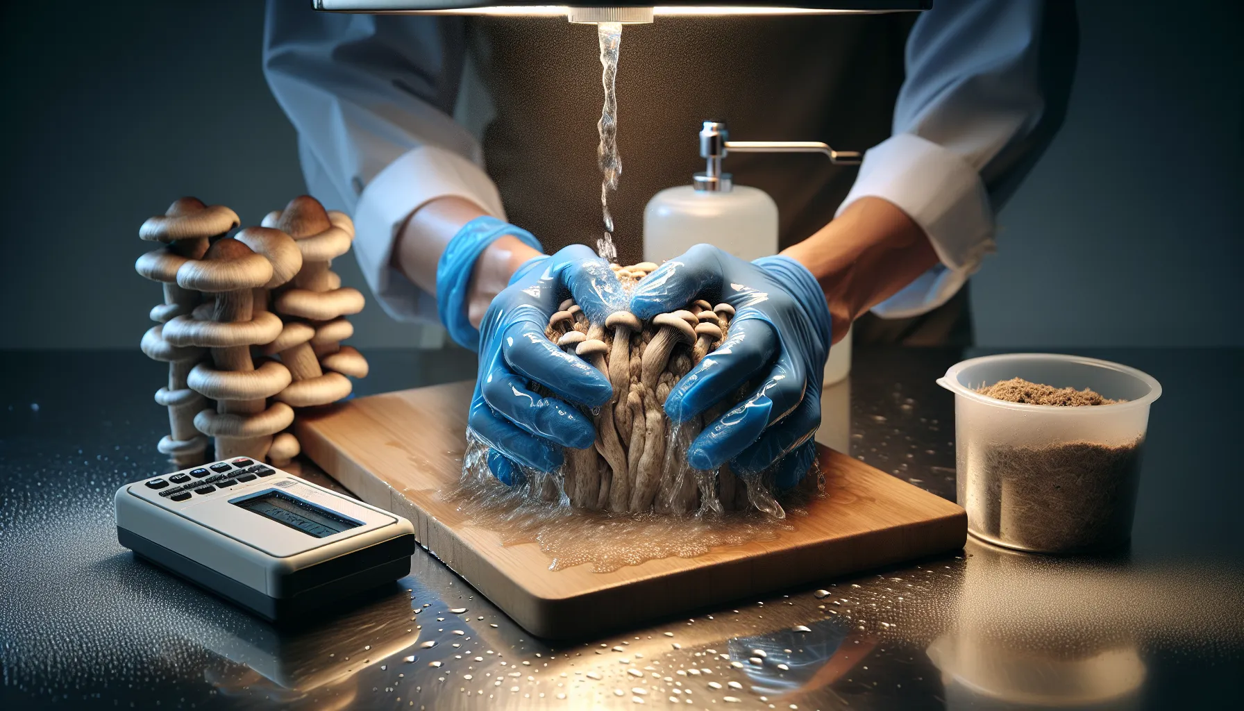 Hands squeezing hydrated mushroom substrate to test moisture content